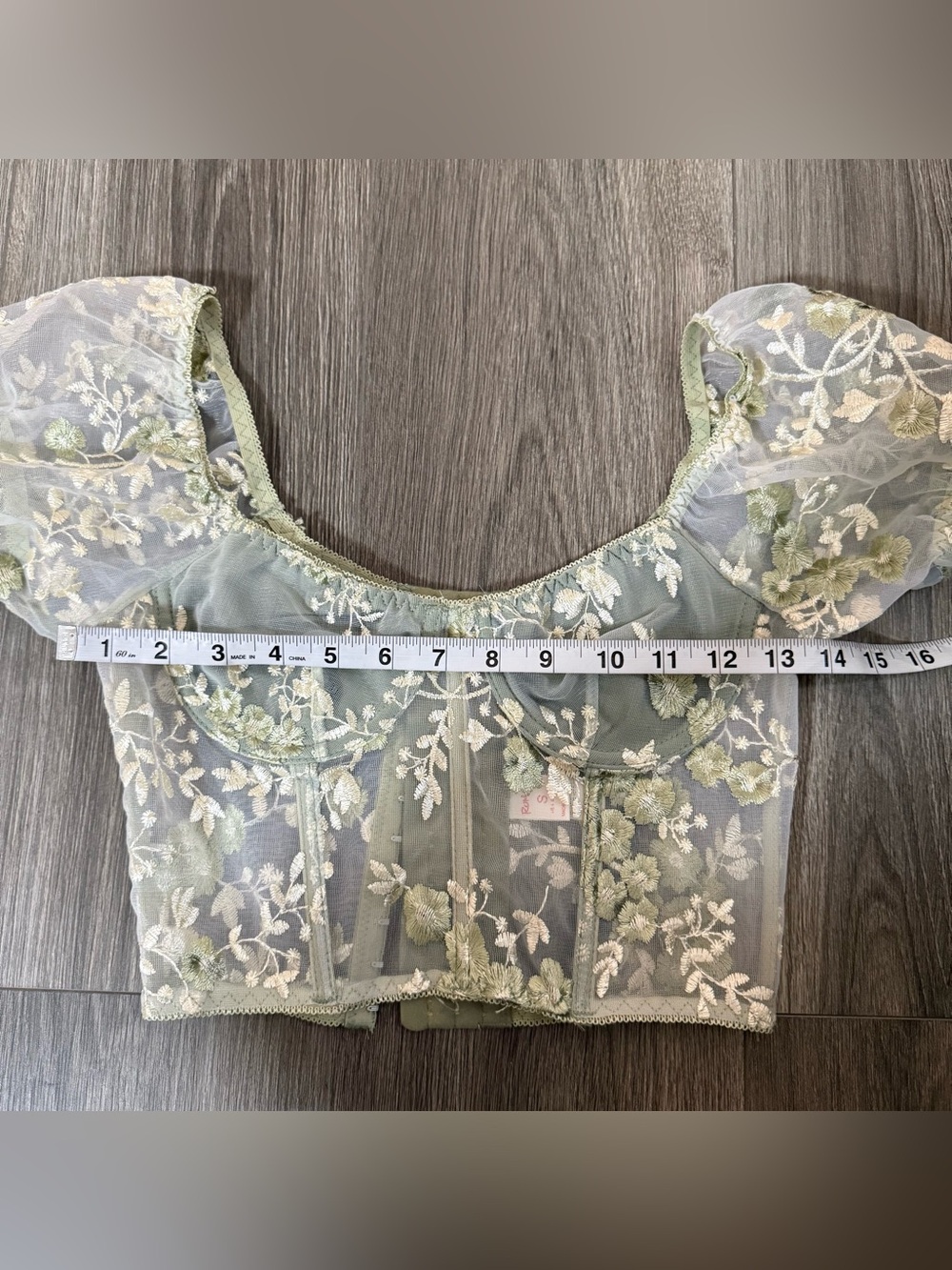 ROMWE Sage Green Floral Puff Sleeve Crop Top Size Small Whimsy Fairy Boho - Picture 8 of 10